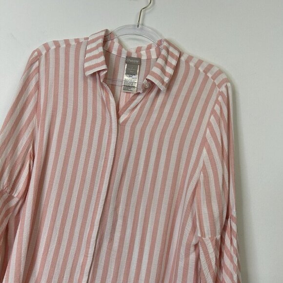 Chicos Gauze Button Up Top Women’s Size 2 US Large Pink Stripe Beachy - Picture 3 of 9